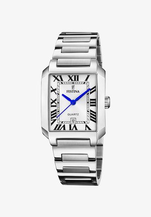 Reloj de pulsera de acero inoxidable plateado con esfera cuadrada, manecillas azules, números romanos en negro sobre un fondo blanco y movimiento de cuarzo.