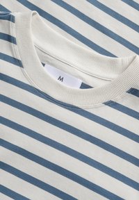 Cotton sweatshirt featuring horizontal blue and white stripes. The neckline is a ribbed crew style with a tag visible inside.