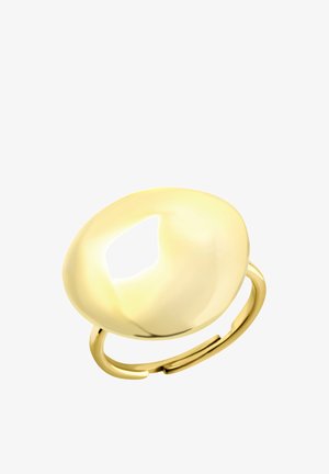 Anillo de oro liso y brillante con una parte superior grande, redondeada y en forma de cúpula y una banda abierta y ajustable.