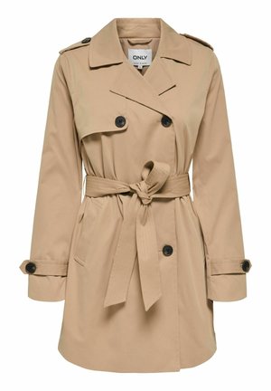 Beige double-breasted trench coat with black buttons, belted waist, shoulder epaulets, and cuff straps.