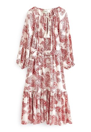 Biała sukienka midi z długimi rękawami, wzór w czerwony paisley, dekolt z wiązaniem z frędzlami, elastyczne mankiety i falbaniasty dół.