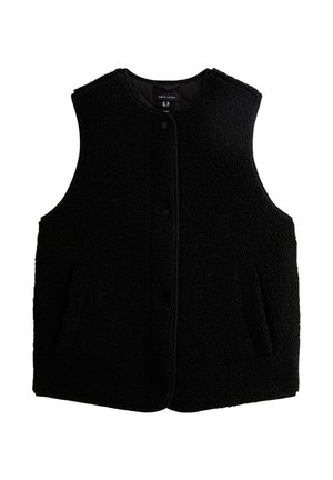 Zwarte fleece vest met een ronde hals, knoopsluiting aan de voorkant en twee zijzakken; gemaakt van een zacht, textuurachtig materiaal.