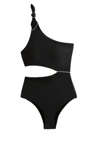 Costum de baie întreg negru, cu bretea asimetrică de umăr legată într-un nod și o decupare în zona mijlocului, pe fundal alb.