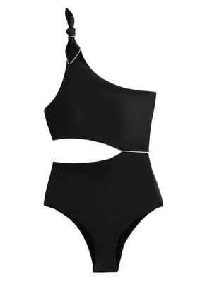 Costume intero nero con spallina asimmetrica monospalla annodata e ritaglio sulla parte centrale, su sfondo bianco.