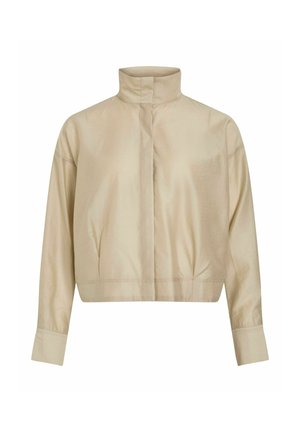 Beige cropped jakke med høj krave, lange ærmer, skjult frontlukning og brede manchetter.