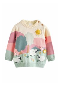 Kolorowy wełniany sweter z wzorem owiec, drzew, słońca i kwiatów. Pastelowe odcienie różu, zieleni i kremu; dwa guziki na ramieniu.