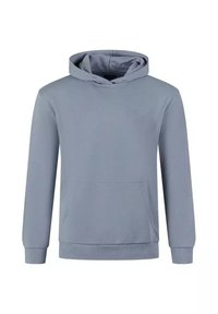 Jasnoszara bluza z kapturem, z przednią kieszenią, prążkowanymi mankietami i dołem oraz gładkim wykończeniem tkaniny, z minimalnym logo w górnym lewym rogu.