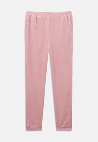 Rausvos spalvos bėgimo kelnės iš minkštos medžiagos, su elastine juosmens juosta ir šoninėmis kišenėmis, plona, siaurėjanti kojų linija.