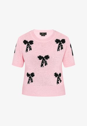 Pink knitted sweater with short sleeves, featuring black bows and pearl accents throughout. Soft texture and rounded neckline.