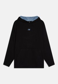 Felpa nera con tasca a canguro, dotata di una fodera in rete blu a pois nel cappuccio e di un piccolo logo blu sul petto.