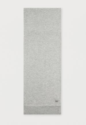 Écharpe tricotée grise avec un bord côtelé, présentant une texture subtile et un petit logo en accent. Forme rectangulaire standard, tissu doux.