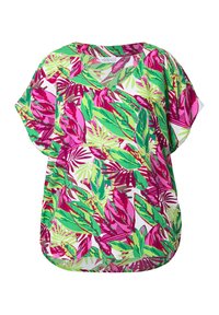 Blusa a maniche corte in tessuto leggero, caratterizzata da un vivace motivo a foglie verdi e rosa su sfondo bianco. Design a V con orlo arrotondato.