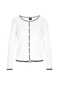 White long-sleeve cardigan with ribbed texture, black trim along the neckline and hem, and black buttons down the center.