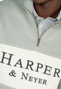 Helles grünes Sweatshirt mit halbem Reißverschluss, das auf der Vorderseite mit einem weißen und schwarzen Grafikdesign "HARPER & NEYER" versehen ist, und darunter ein gestreiftes Hemd mit Kragen.