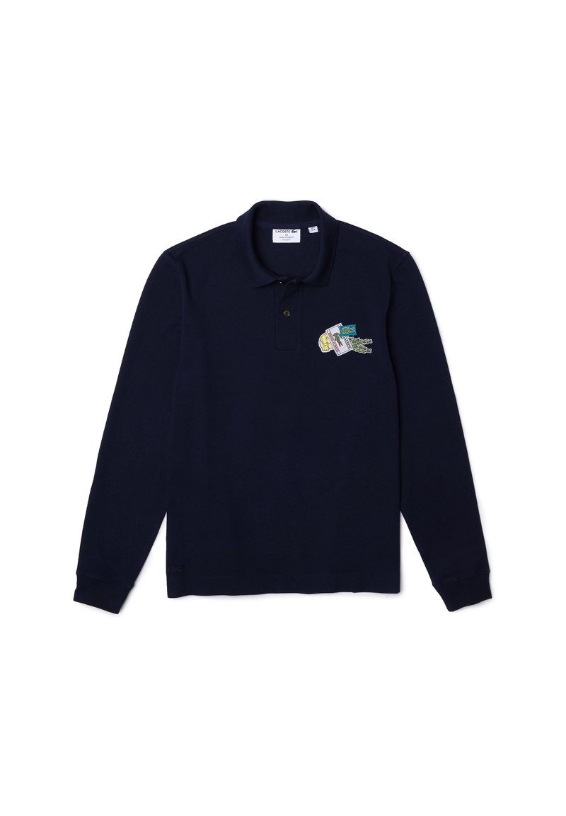 Navy long-sleeve polo shirt made of cotton blends; features a collar and left chest graphic detailing. Standard fit with ribbed cuffs.