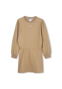 Robe longue beige à manches longues, avec un col rond, une taille élastique et des plis subtils aux épaules. Elle présente un petit logo métallique sur le devant.