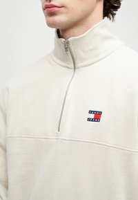 Jasnobeżowy sweatshirt z half-zip wykonany z miękkiego materiału, z kontrastowym haftowanym logo oraz kołnierzem stającym.