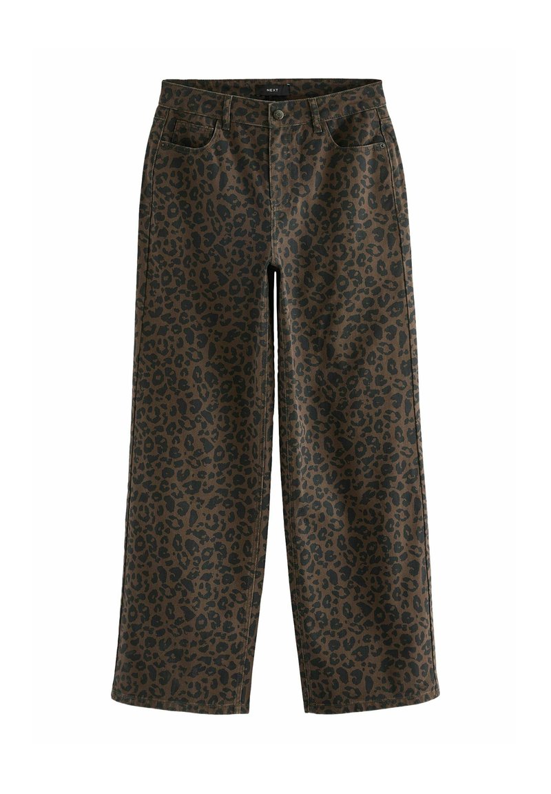 Pantaloni a gamba larga con stampa leopardata in marrone e nero, realizzati in cotone. Presentano due tasche anteriori e una chiusura con bottone in vita.