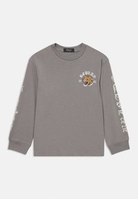 T-shirt a maniche lunghe grigio in cotone, con una grafica di una tigre e il logo sul petto, e scritte sulle maniche.