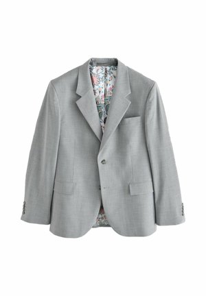 Jasnoszara marynarka z klapami z wycięciem, dwoma przednimi guzikami, kieszeniami na klapę i kwiatową podszewką widoczną przez otwarte przody.