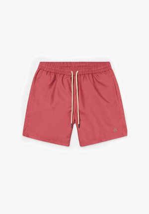 Costume da bagno rosso da uomo con vita elasticizzata, coulisse beige, tasche laterali e piccolo logo ricamato sulla gamba sinistra.