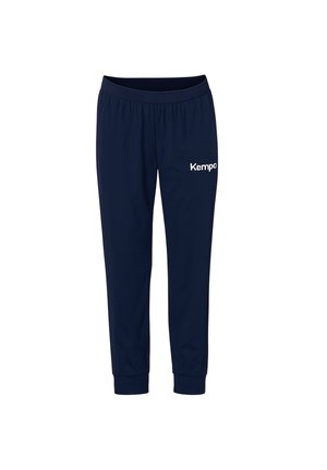 Marineblaue Sporthose mit elastischem Bund und Bündchen, weißes "Kempa"-Logo am oberen linken Oberschenkel.
