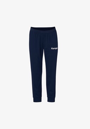 Marineblauwe sportbroek met elastische tailleband en boorden, wit "Kempa" logo op het bovenste linker bovenbeen.