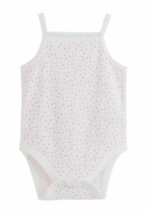 Biały prążkowany body dla niemowląt z cienkimi ramiączkami, zatrzaskami u dołu oraz wzorem małych różowych kwiatów z zielonymi łodyżkami.