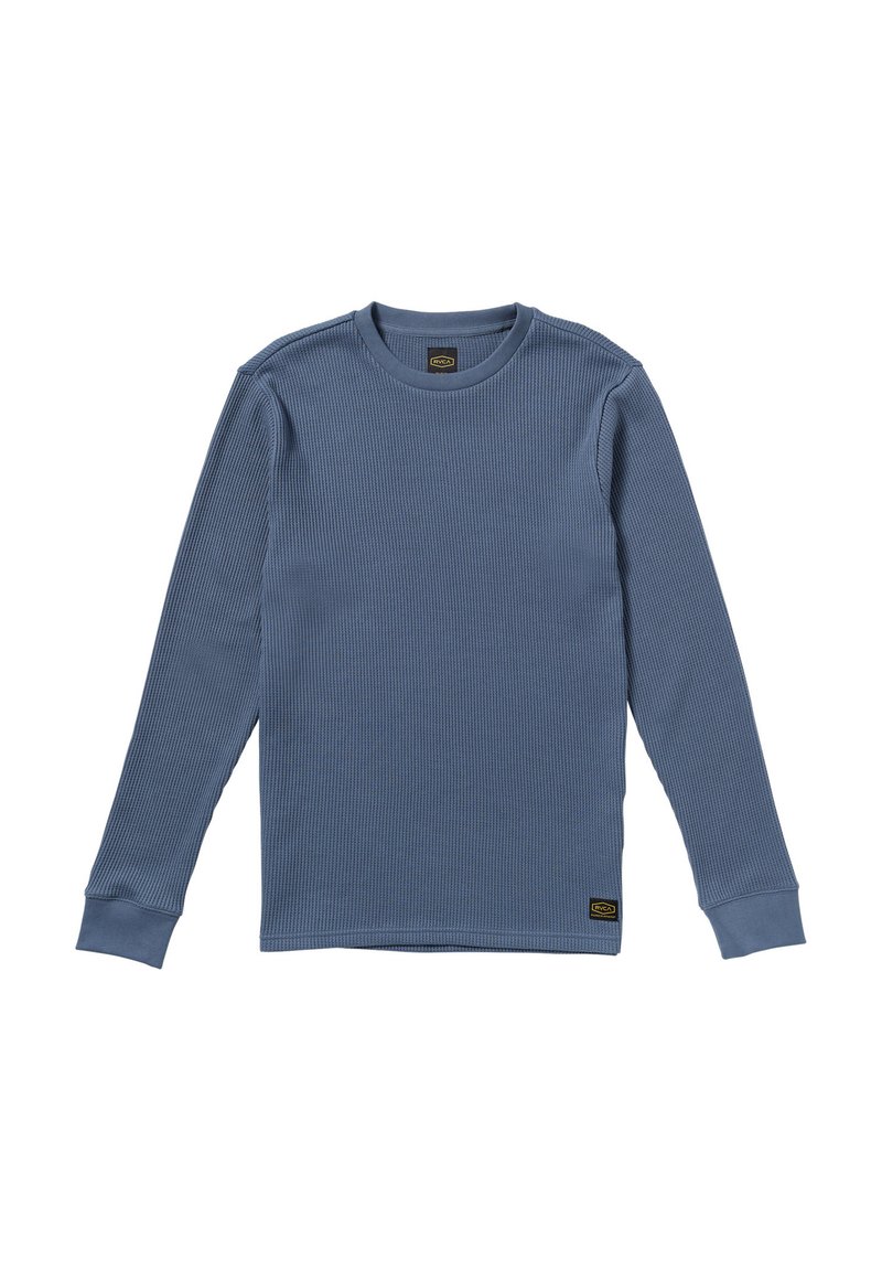 Maglia termica a maniche lunghe di colore blu chiaro, texture a righe, collo rotondo e polsini aderenti con un piccolo etichetta del logo vicino all'orlo.