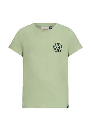 T-shirt in cotone verde chiaro con maniche corte, scollatura rotonda, logo grafico nero sul petto e orlo dritto.