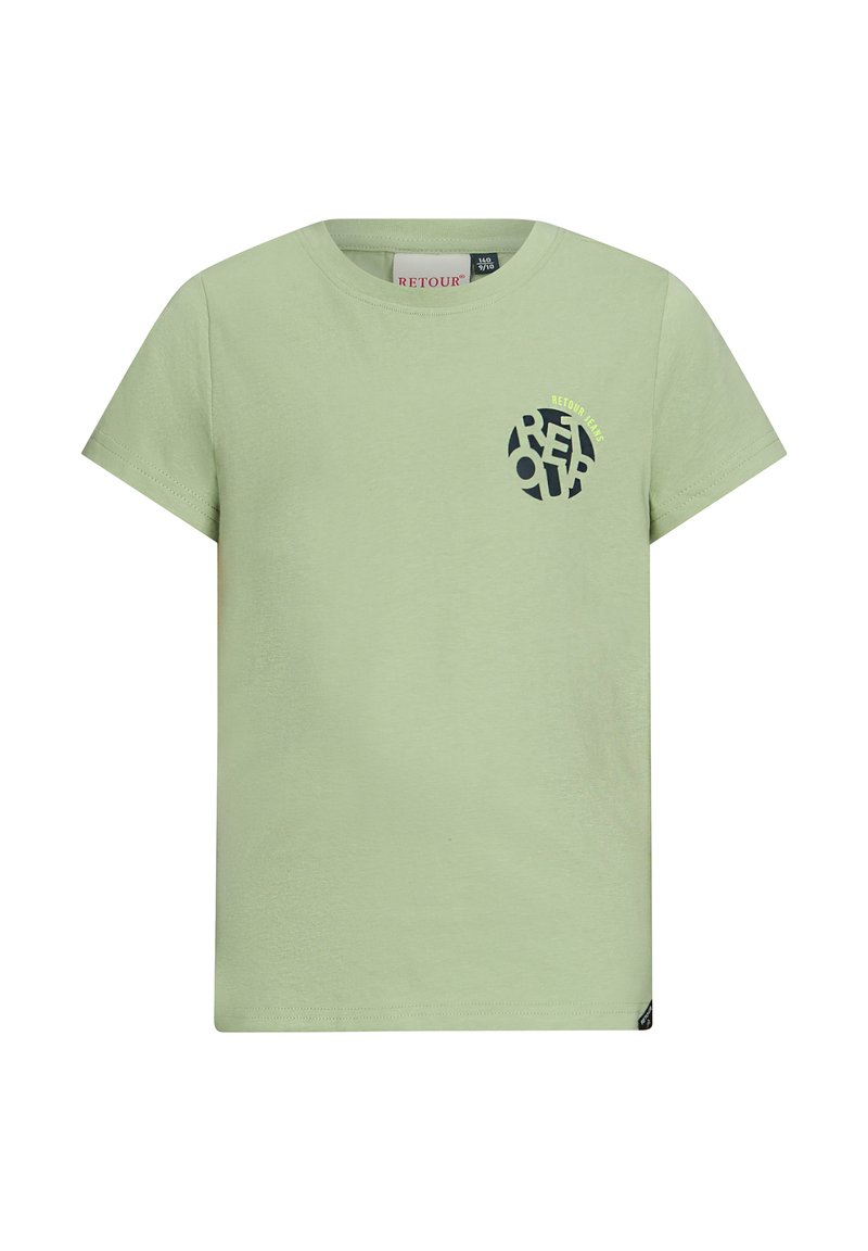 Jasnozielony bawełniany t-shirt z krótkimi rękawami, okrągłym dekoltem, czarnym graficznym logo na piersi oraz prostym wykończeniem dołu.