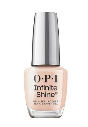 Eine Flasche OPI Infinite Shine Gel-Lack in blassem Rosa mit glänzendem silbernen Deckel und auffälliger schwarzer Aufschrift auf dem Etikett.