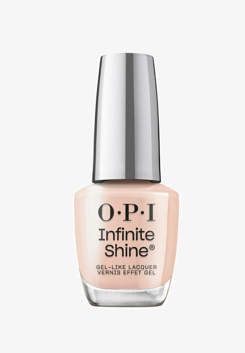 A bottle of OPI Infinite Shine gel-like lacquer in pale pink with a shiny silver cap and bold black text on the label.