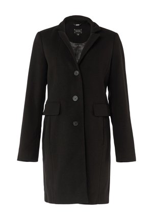 Manteau en mélange de laine noir avec un col cranté, des manches longues et deux poches frontales. Comprend six grands boutons sur le devant.