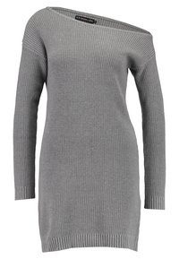 Graues Strickkleid mit schulterfreiem Design. Lange Ärmel mit gerippten Bündchen und Saum. Strukturiertes Material mit lockerer, entspannter Passform.