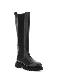 Bota de cuero negro hasta la rodilla con paneles laterales elásticos, suela texturizada y un acabado suave. Diseñada para la durabilidad y el soporte.
