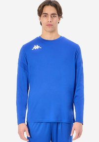 Blå långärmad träningsskjorta i slät tyg, med rund halsringning och en vit logotyp på vänster axel.