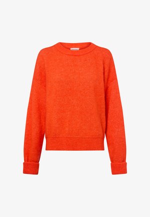 Svetr v jasne oranžovej farbe, pletený, s okrúhlym výstrihom, zúženými manžetami a lemom. Má voľný strih a mäkkú textúru.