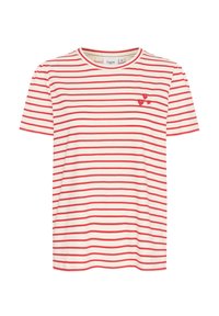 Camiseta blanca con rayas rojas horizontales y tres pequeños corazones rojos bordados en la parte superior izquierda del pecho.