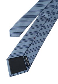 Corbata azul con rayas diagonales en navy, hecha de un tejido texturizado, presenta un forro negro y una etiqueta de marca visible, Hackett.