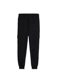 Pantaloni cargo neri realizzati in tessuto morbido, con vita elasticizzata, polsini alle caviglie, due tasche laterali e due tasche cargo.