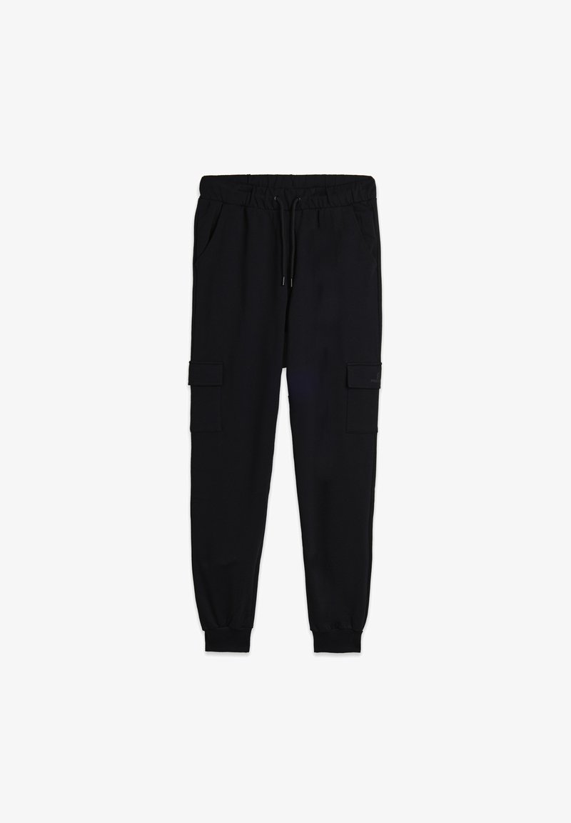Pantaloni cargo neri realizzati in tessuto morbido, con vita elasticizzata, polsini alle caviglie, due tasche laterali e due tasche cargo.