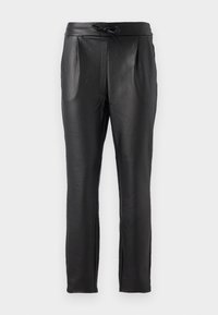 Pantalon jogger noir en similicuir avec taille élastique et cordon, coupe droite et plis subtils à l’avant.