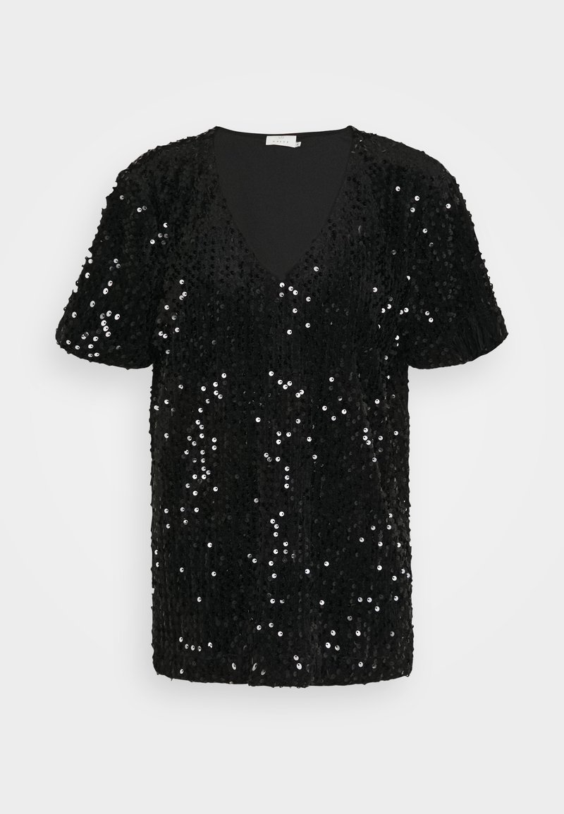 Haut noir à manches courtes et col en V, recouvert de sequins noirs brillants avec un design de manches légèrement bouffantes.