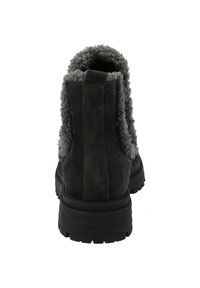 Dunkelgraue Wildleder-Stiefelette mit weichem Fleece-Futter, Gummisohle und runder Zehenpartie. Verfügt über einen flachen Absatz und strukturierte Details im Obermaterial.