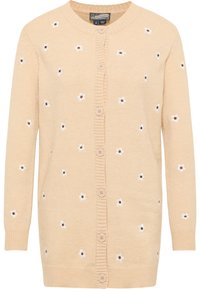 Weicher, gestrickter Cardigan in hellem Beige. Mit weißen Blumen-Applikationen und braunen Mittelpunkten. Verfügt über einen runden Ausschnitt und eine Knopfverschluss vorne.