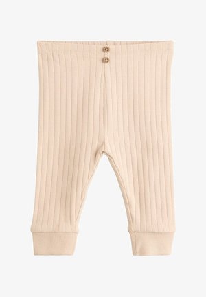 Kreminės spalvos mezginiai kūdikių kelnaitės su vertikaliu raukšlėtu paviršiumi, su elastiniu juosmeniu ir dviem mediniais mygtukais priekyje.