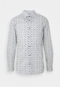 Koszula damska z długim rękawem w białym materiale z niebieskim okrągłym wzorem, standardowy kołnierzyk, zapięcie na guziki z przodu i regularny krój.