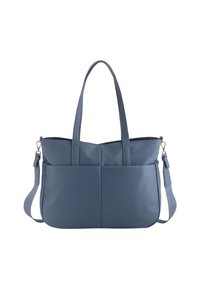 Modrá kožená kabelka přes rameno s dvojitými držadly, nastavitelným popruhem, dvěma předními kapsami a texturovaným povrchem. Zapínání na zip nahoře.