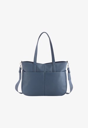 Blaues Leder-Umhängetasche mit zwei Griffen, verstellbarem Schulterriemen, zwei Fronttaschen und strukturierten Oberfläche. Reißverschluss oben.